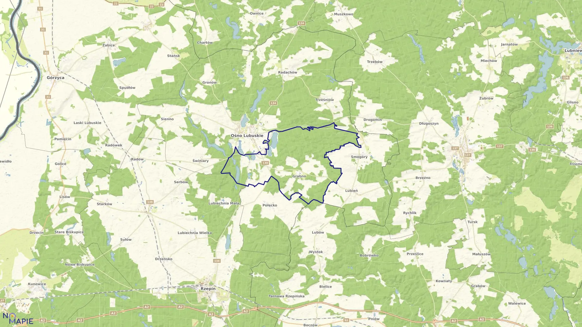 Mapa obrębu Grabno w gminie Ośno Lubuskie