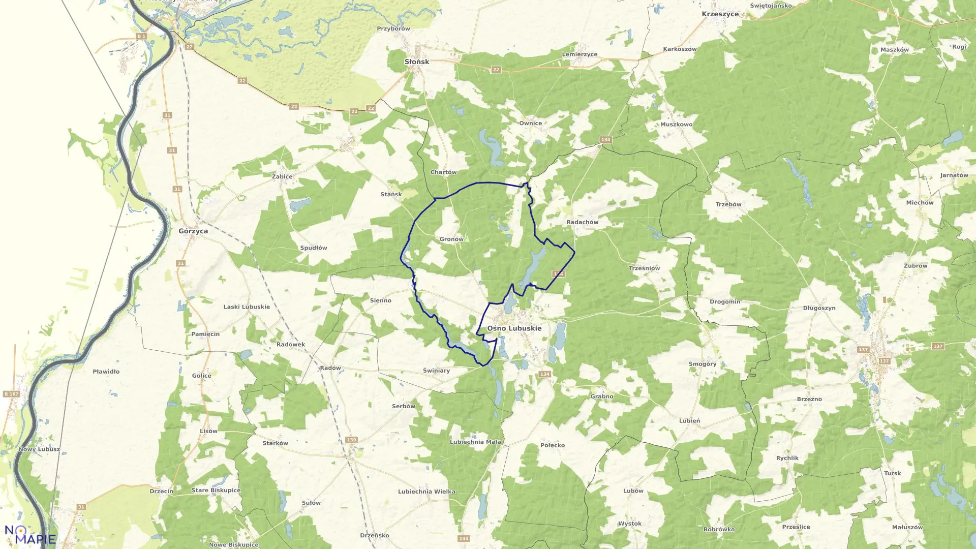 Mapa obrębu Gronów w gminie Ośno Lubuskie