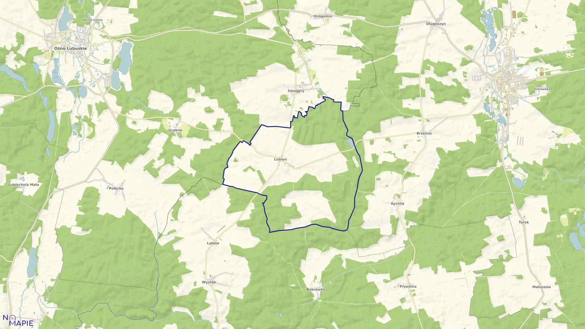 Mapa obrębu Lubień w gminie Ośno Lubuskie